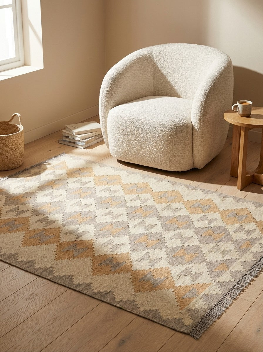 Kelim Gashgai — Handmade, 120x165 cm, Beige, 100% Virgin Wool | Detail view