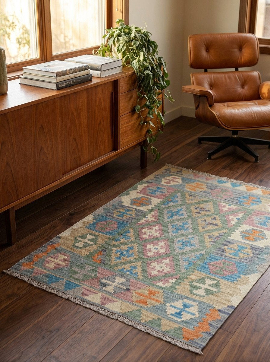 Kelim Gashgai — Handgefertigt, 150x108 cm, Bunt, 100% Virgin Wool | Back view