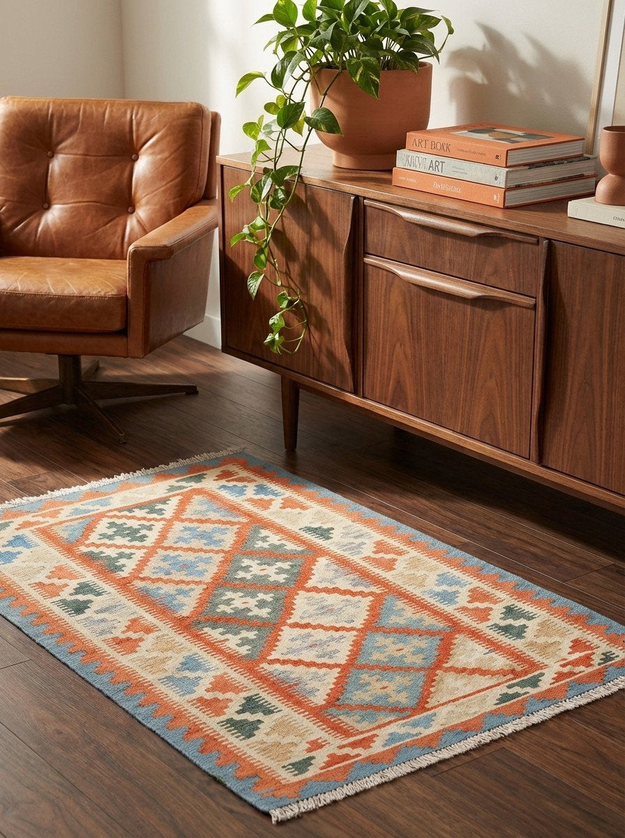 Kelim Gashgai — Handgefertigt, 124x82 cm, Beige, 100% Virgin Wool | Back view