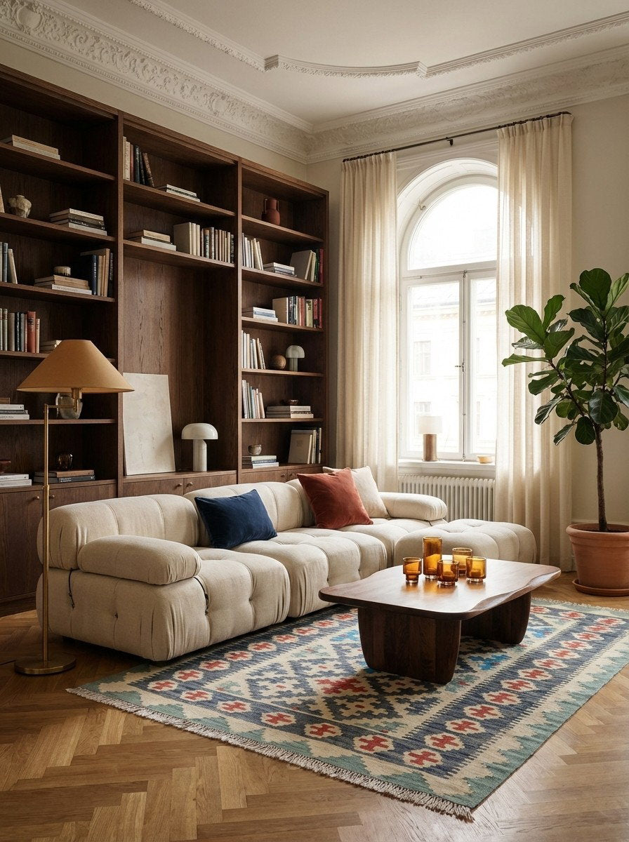 Kelim Gashgai — Handgefertigt, 174x117 cm, Blau, 100% Virgin Wool | Back view