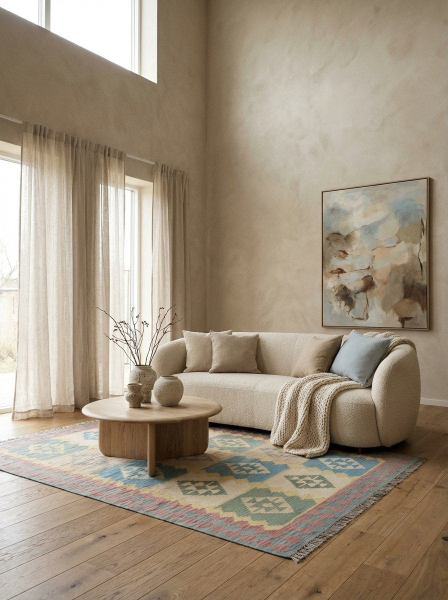 Kelim Gashgai — Handgefertigt, 243x198 cm, Blau, 100% Virgin Wool | Detail view