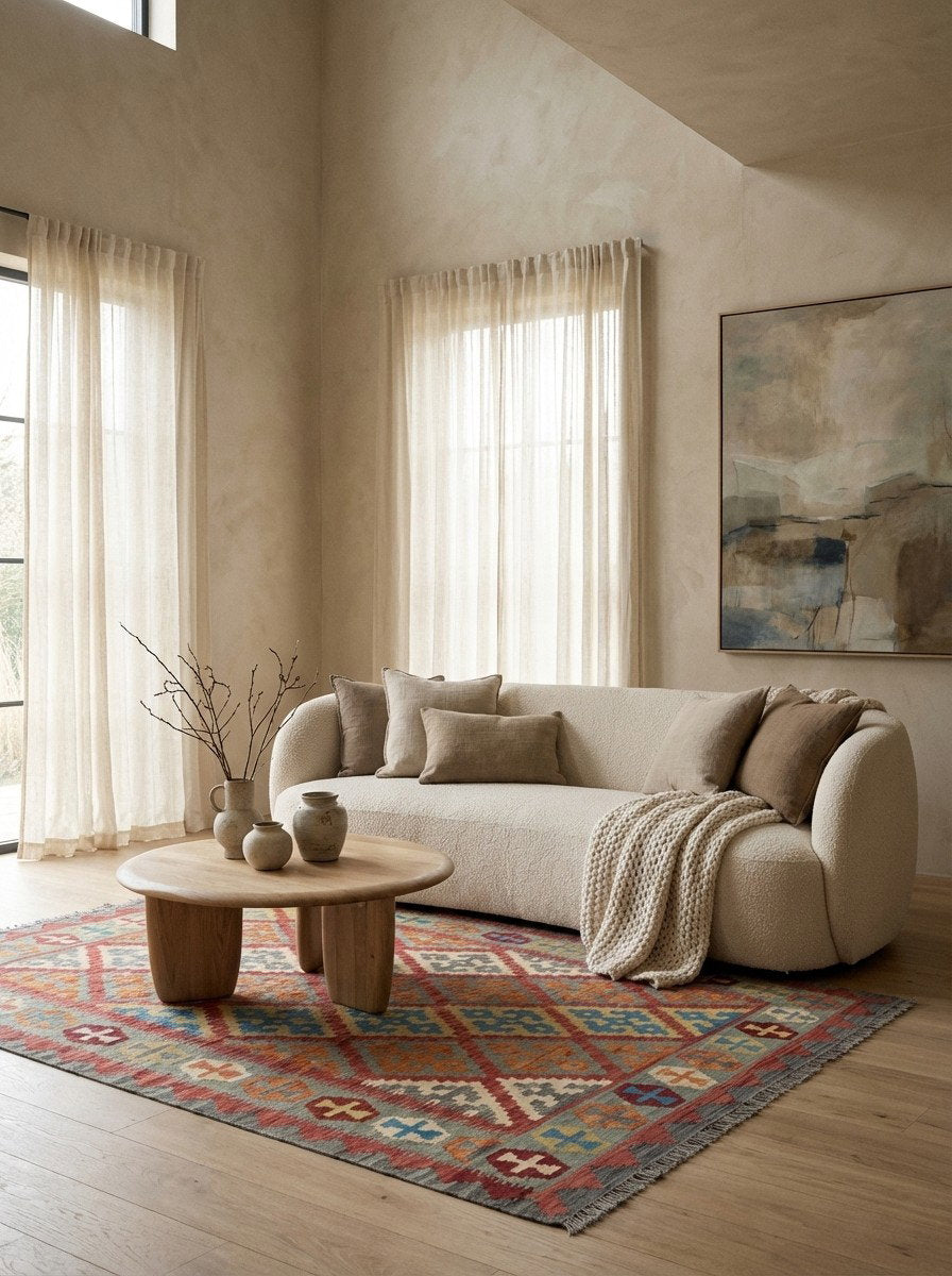 Kelim Gashgai — Handgefertigt, 201x153 cm, Grün, 100% Virgin Wool | Detail view