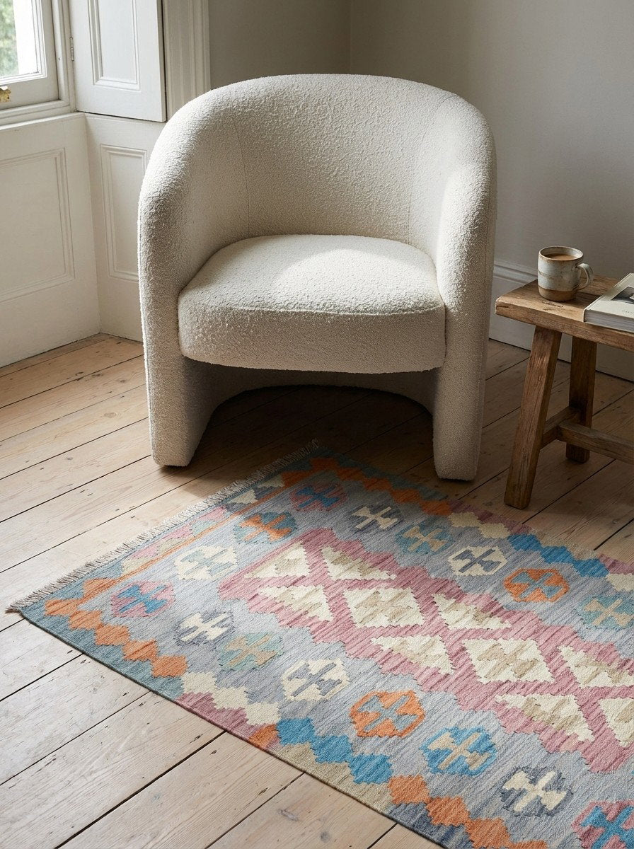 Kelim Gashgai — Handgefertigt, 157x104 cm, Grau, 100% Virgin Wool | Detail view