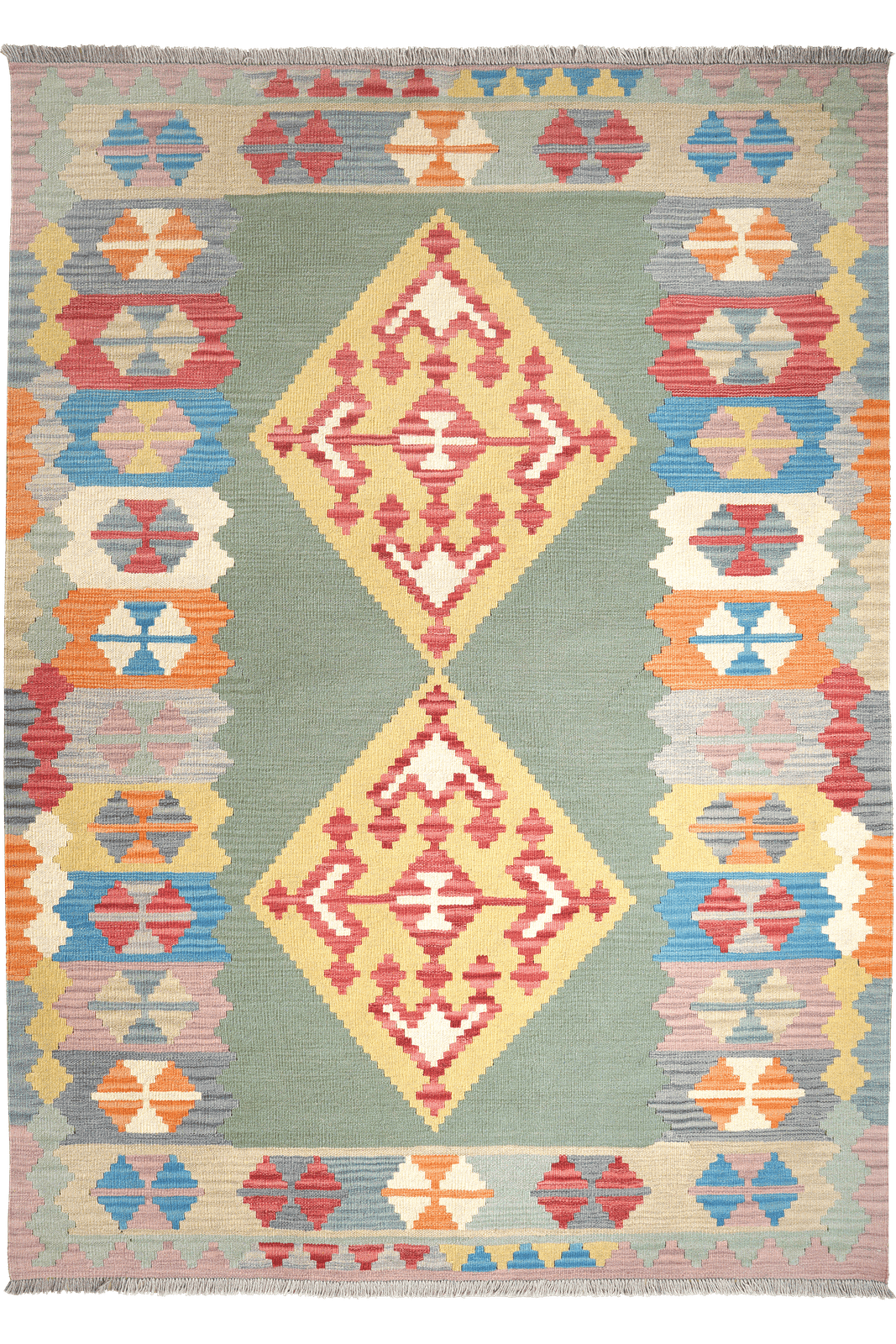 Kelim Gashgai — Handmade, 172x242 cm, Green, 100% Virgin Wool | Main view