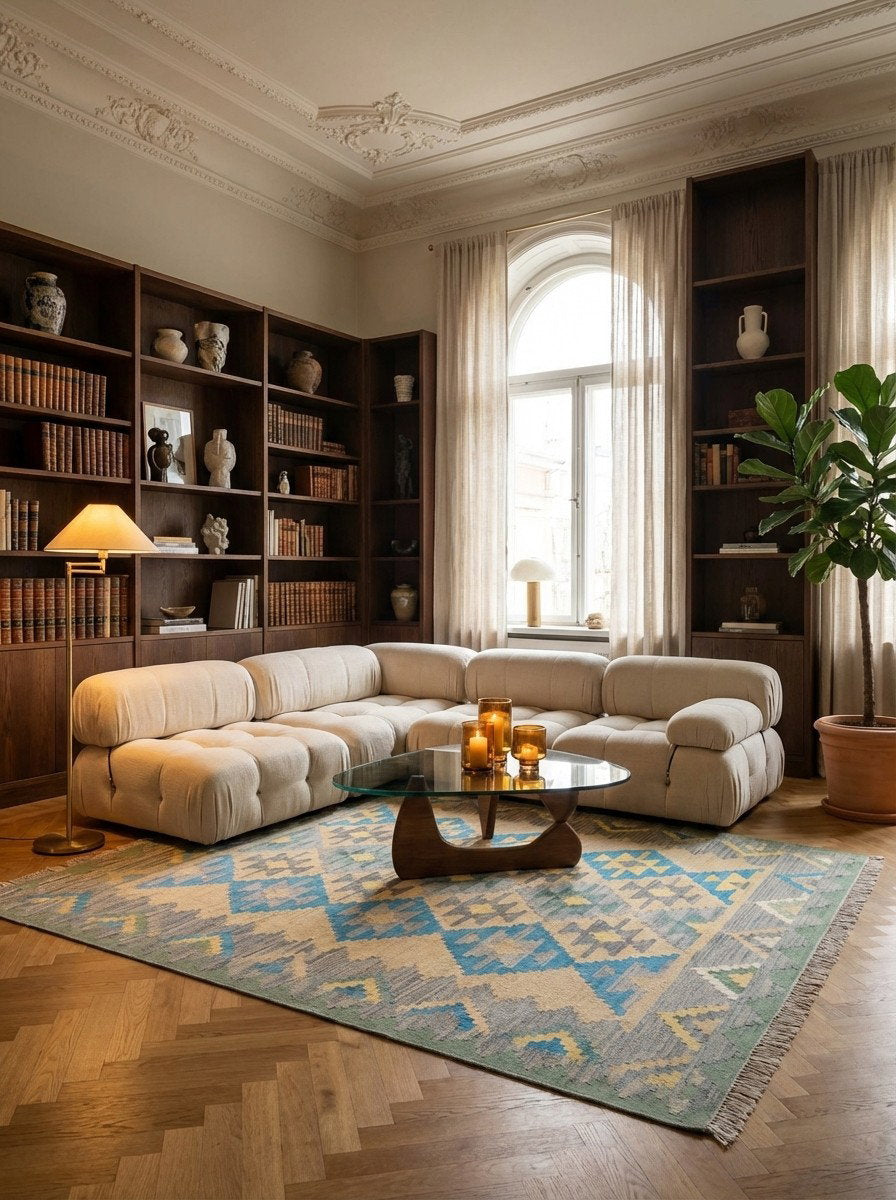 Kelim Gashgai — Handgefertigt, 223x170 cm, Grau, 100% Virgin Wool | Back view