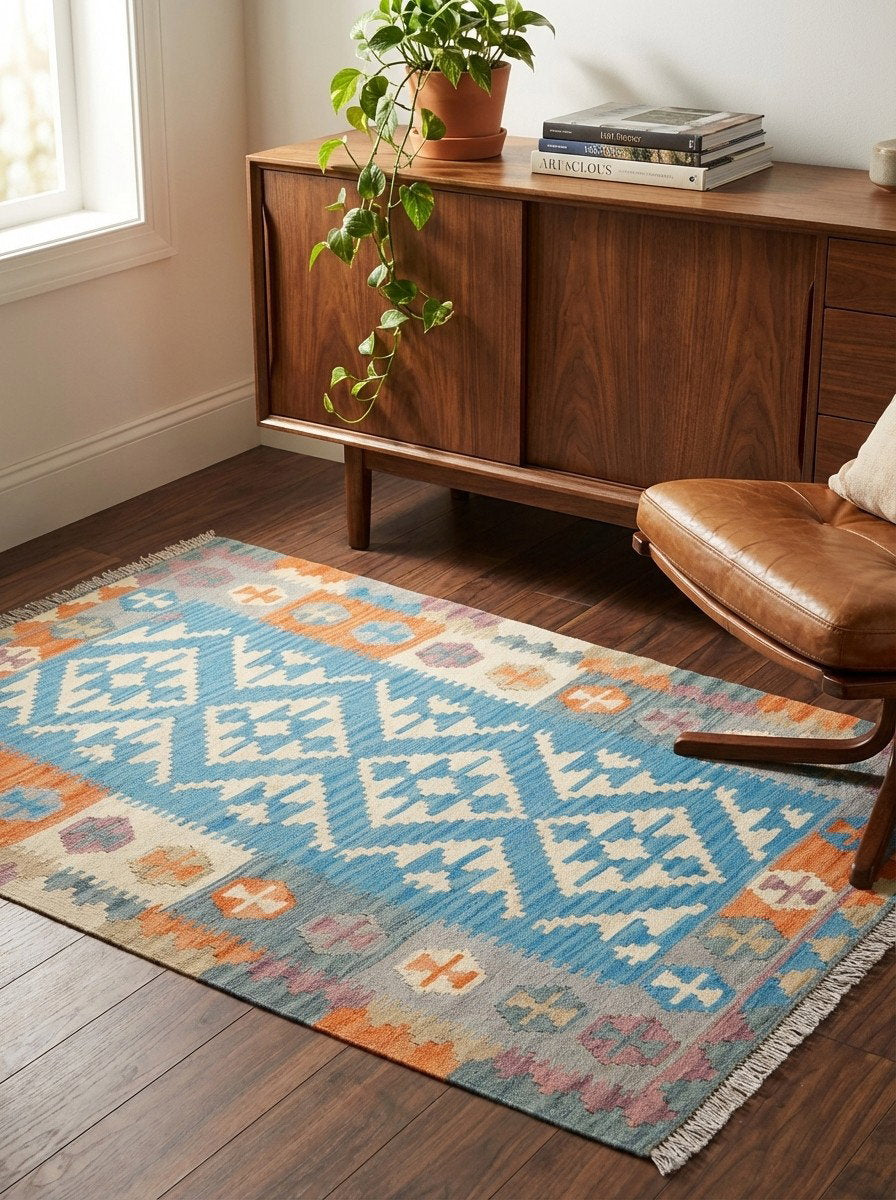 Kelim Gashgai — Handgefertigt, 148x100 cm, Bunt, 100% Virgin Wool | Back view