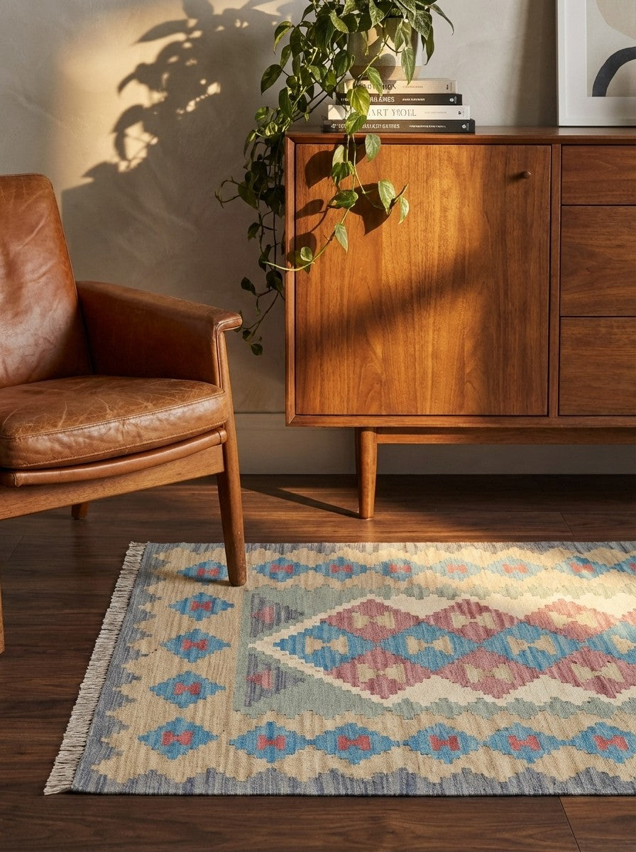 Kelim Gashgai — Handmade, 99x151 cm, Beige, 100% Virgin Wool | Back view