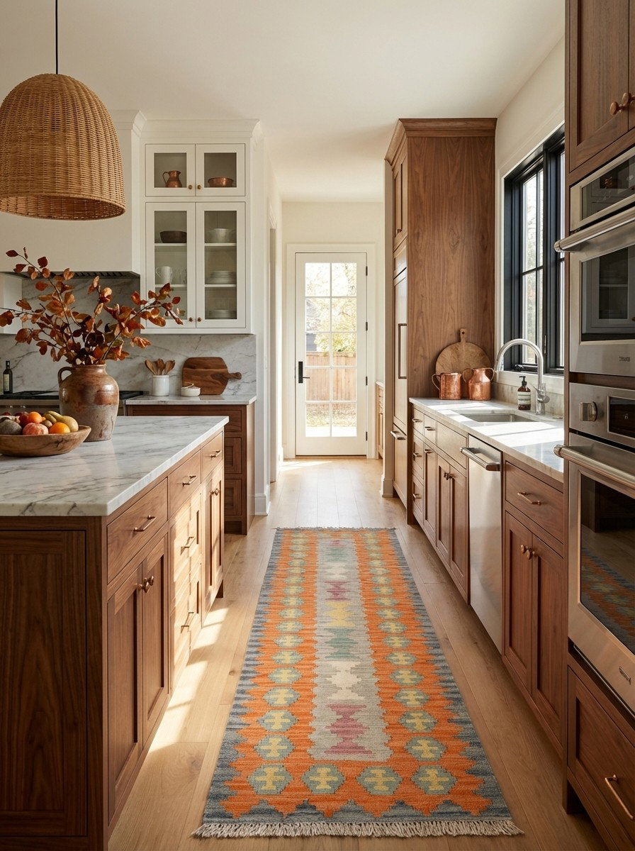 Kelim Gashgai — Handgefertigt, 194x58 cm, Gelb, 100% Virgin Wool | Back view