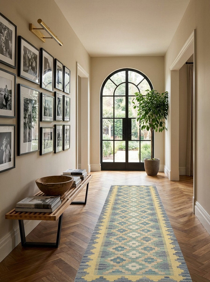 Kelim Gashgai — Handgefertigt, 187x59 cm, Gelb, 100% Virgin Wool | Detail view