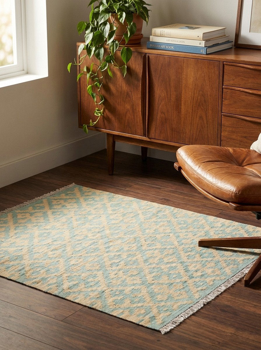 Kelim Gashgai — Handgefertigt, 150x100 cm, Beige, 100% Virgin Wool | Back view