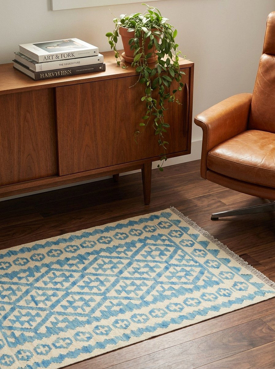 Kelim Gashgai — Handgefertigt, 145x109 cm, Beige, 100% Virgin Wool | Back view