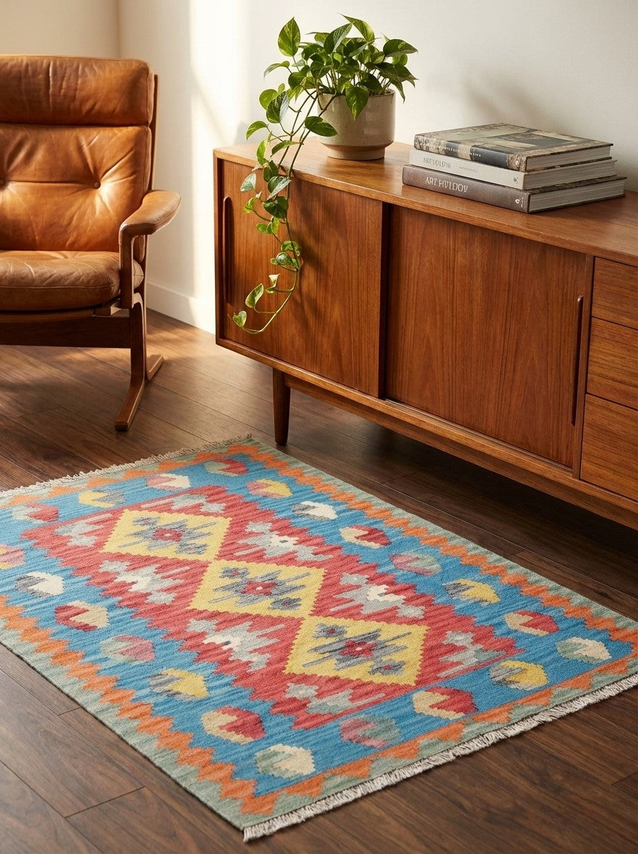 Kelim Gashgai — Handmade, 104x148 cm, Multicolor, 100% Virgin Wool | Back view