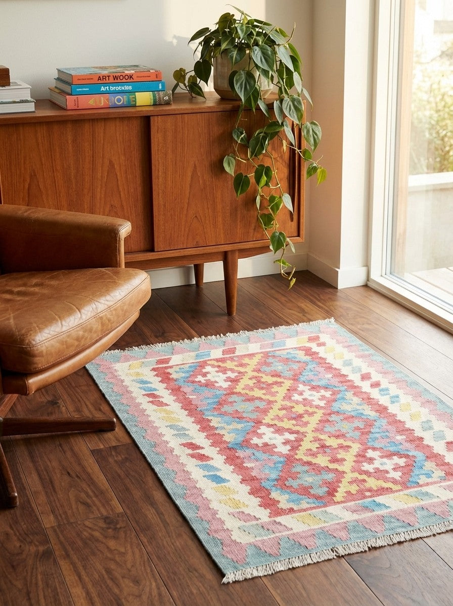 Kelim Gashgai — Handmade, 85x119 cm, Red, 100% Virgin Wool | Back view