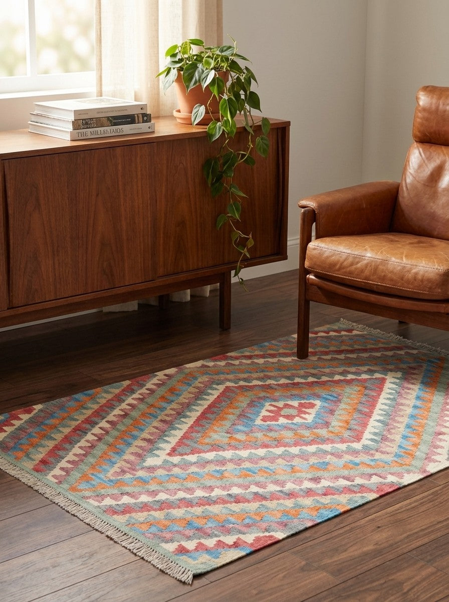 Kelim Gashgai — Handmade, 97x132 cm, Multicolor, 100% Virgin Wool | Back view