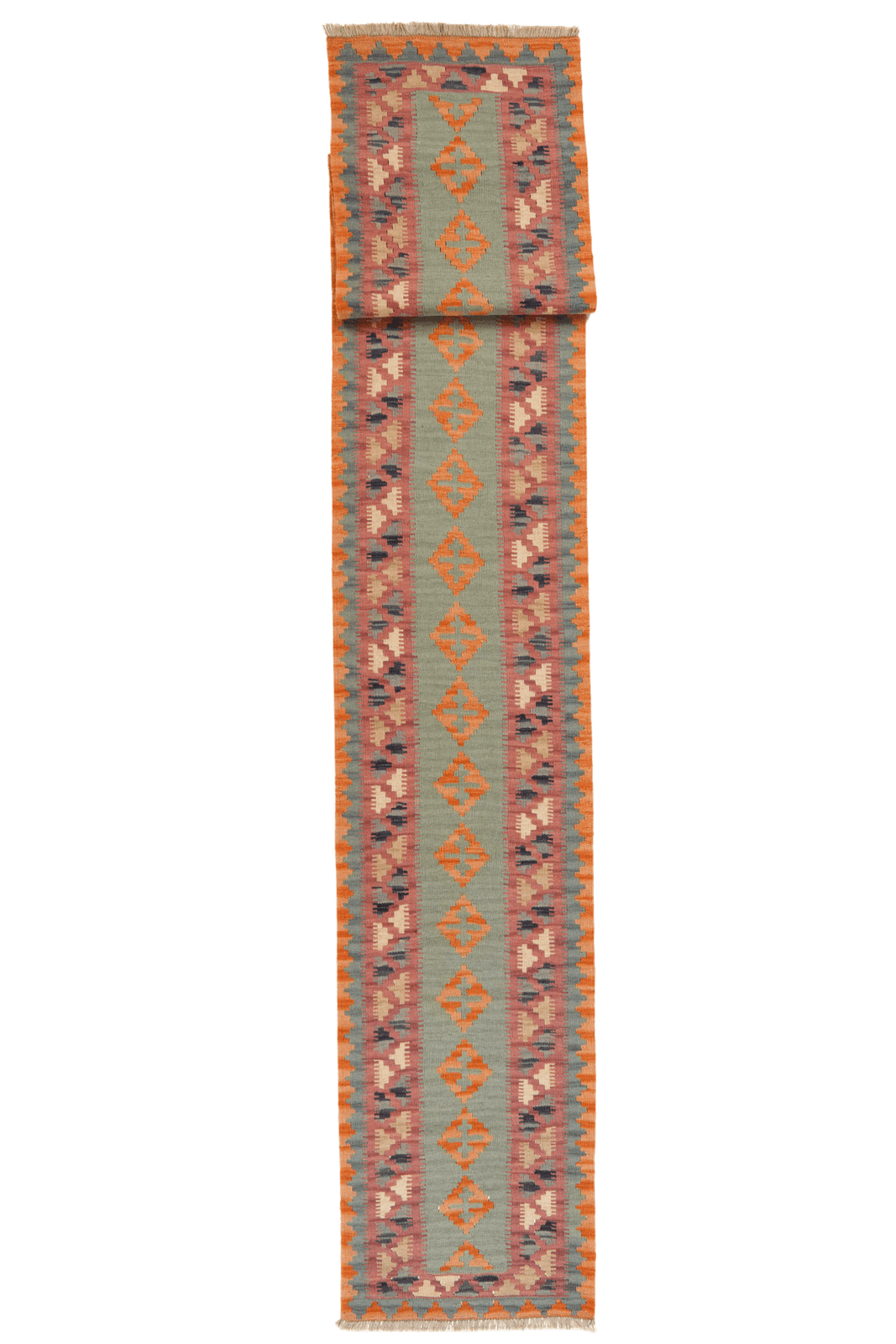 Kelim Gashgai — Handmade, 64x404 cm, Green, 100% Virgin Wool | Main view