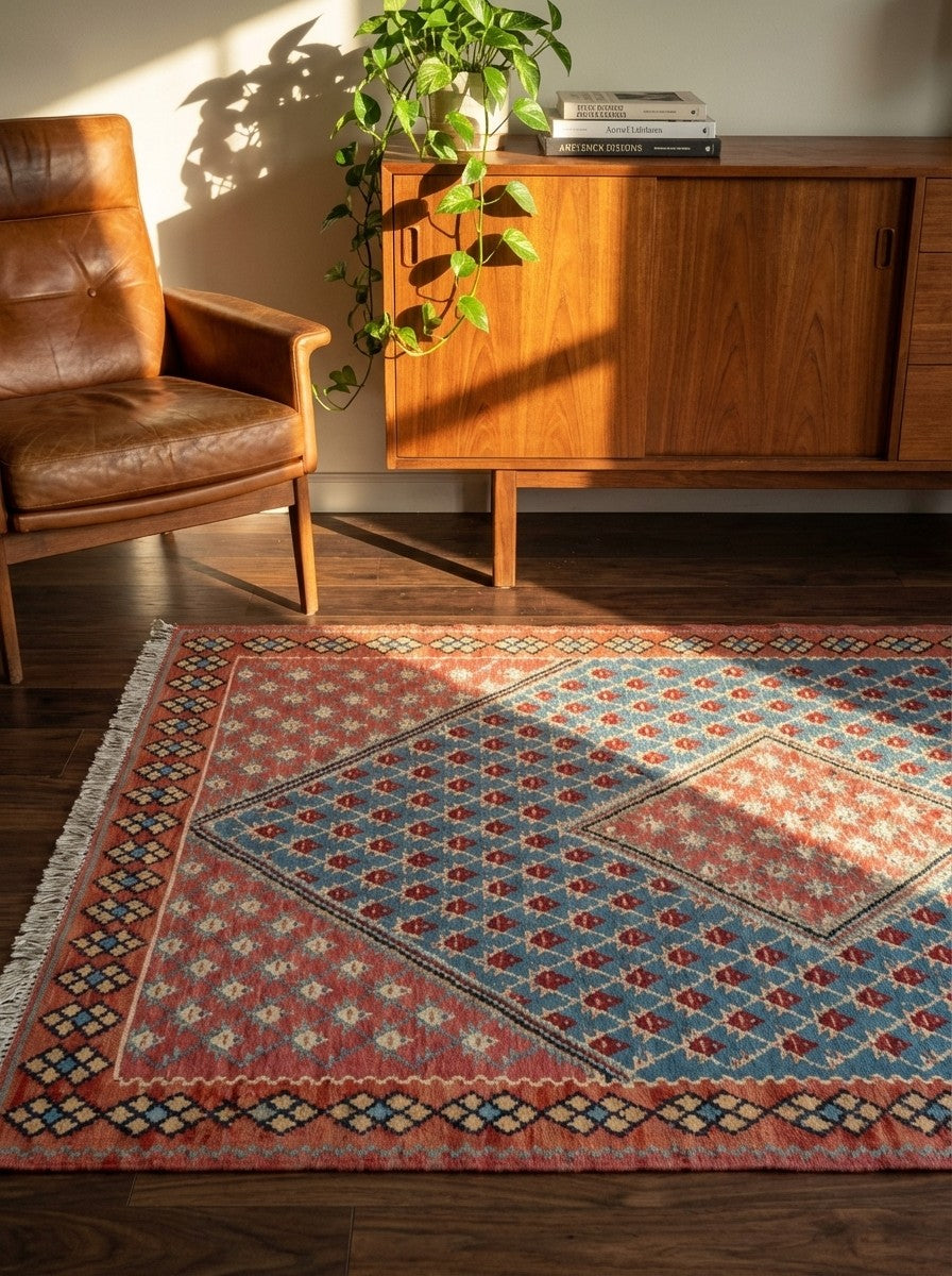 Kelim Senneh — Handmade, 107x155 cm, Blue, 100% Virgin Wool | Back view