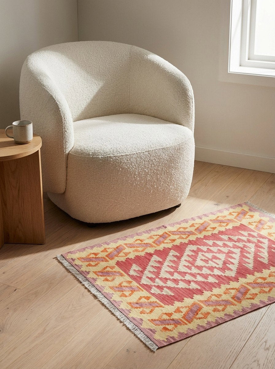 Kelim Gashgai — Handgefertigt, 147x106 cm, Gelb, 100% Virgin Wool | Detail view