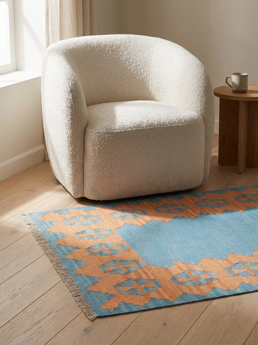 Kelim Gashgai — Handgefertigt, 119x85 cm, Orange, 100% Virgin Wool | Detail view