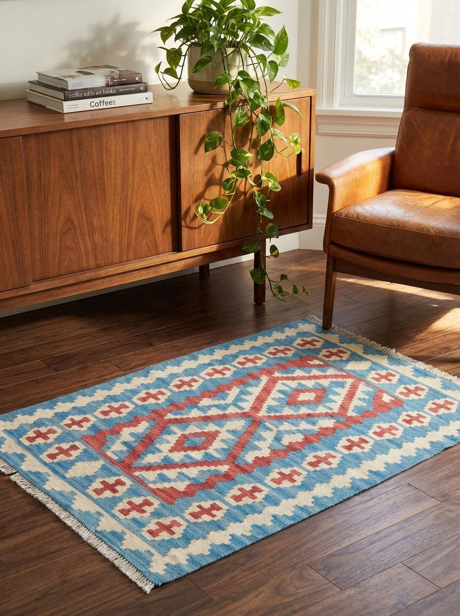 Kelim Gashgai — Handgefertigt, 122x84 cm, Blau, 100% Virgin Wool | Back view