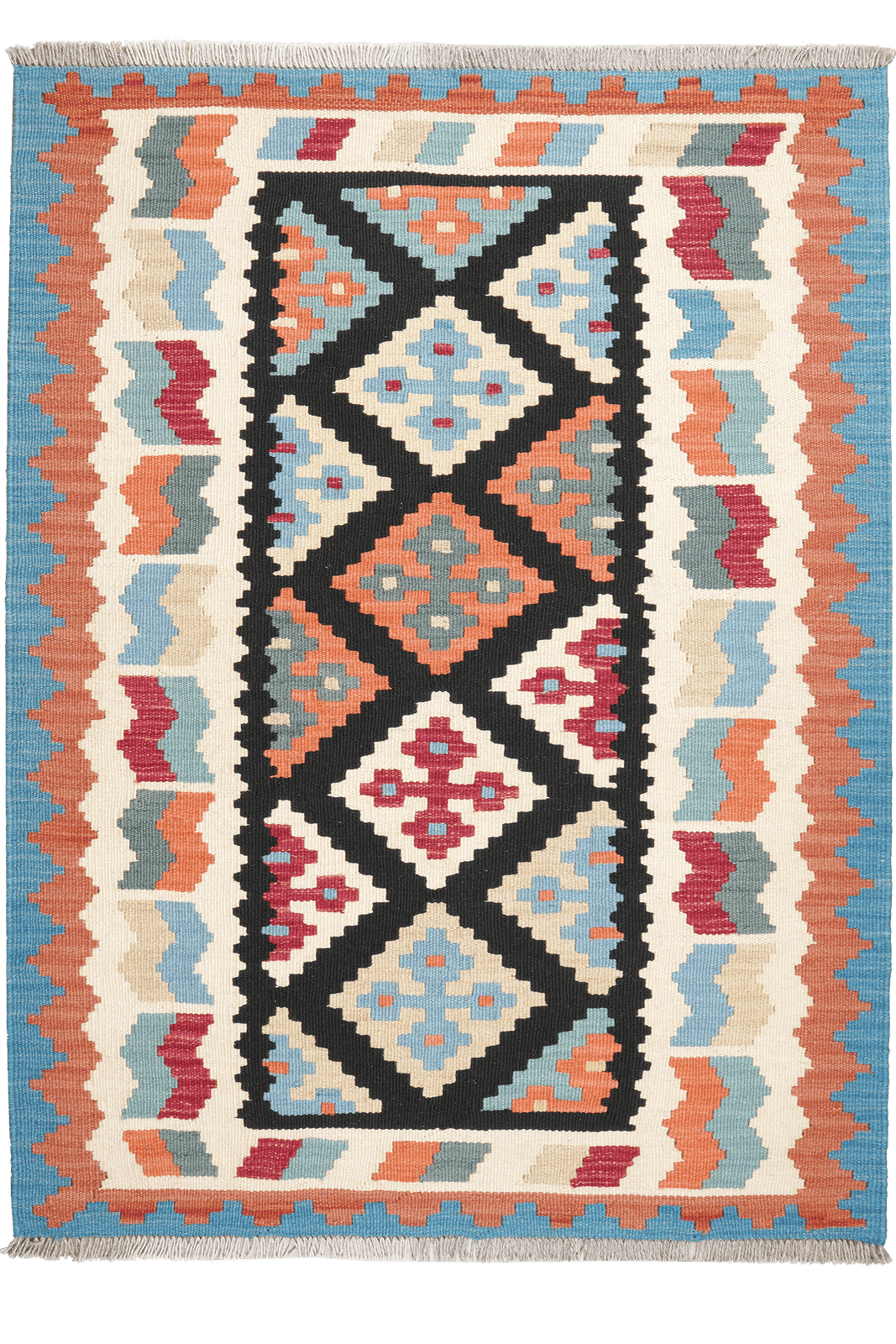 Kelim Gashgai — Handmade, 108x147 cm, Black, 100% Virgin Wool | Main view