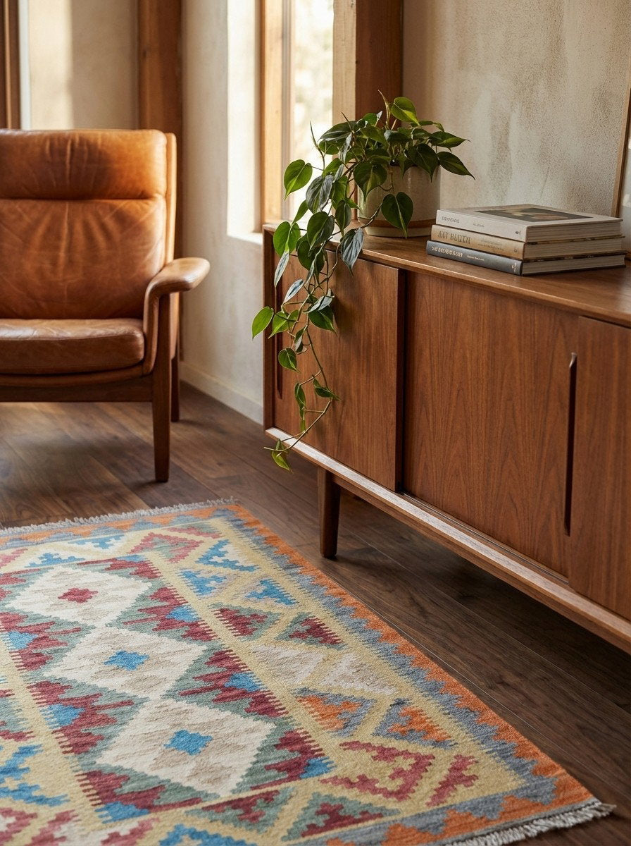 Kelim Gashgai — Handgefertigt, 147x104 cm, Gelb, 100% Virgin Wool | Back view