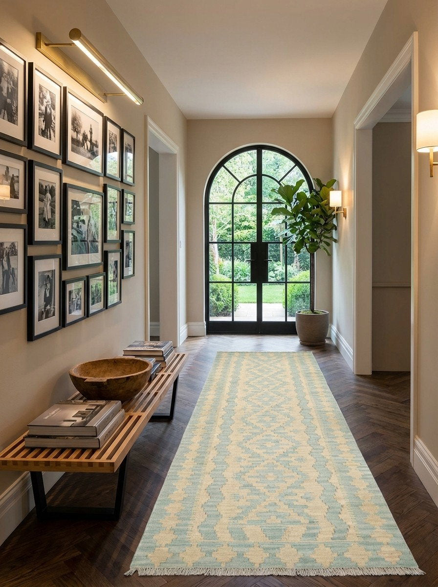 Kelim Gashgai — Handgefertigt, 252x85 cm, Beige, 100% Virgin Wool | Detail view