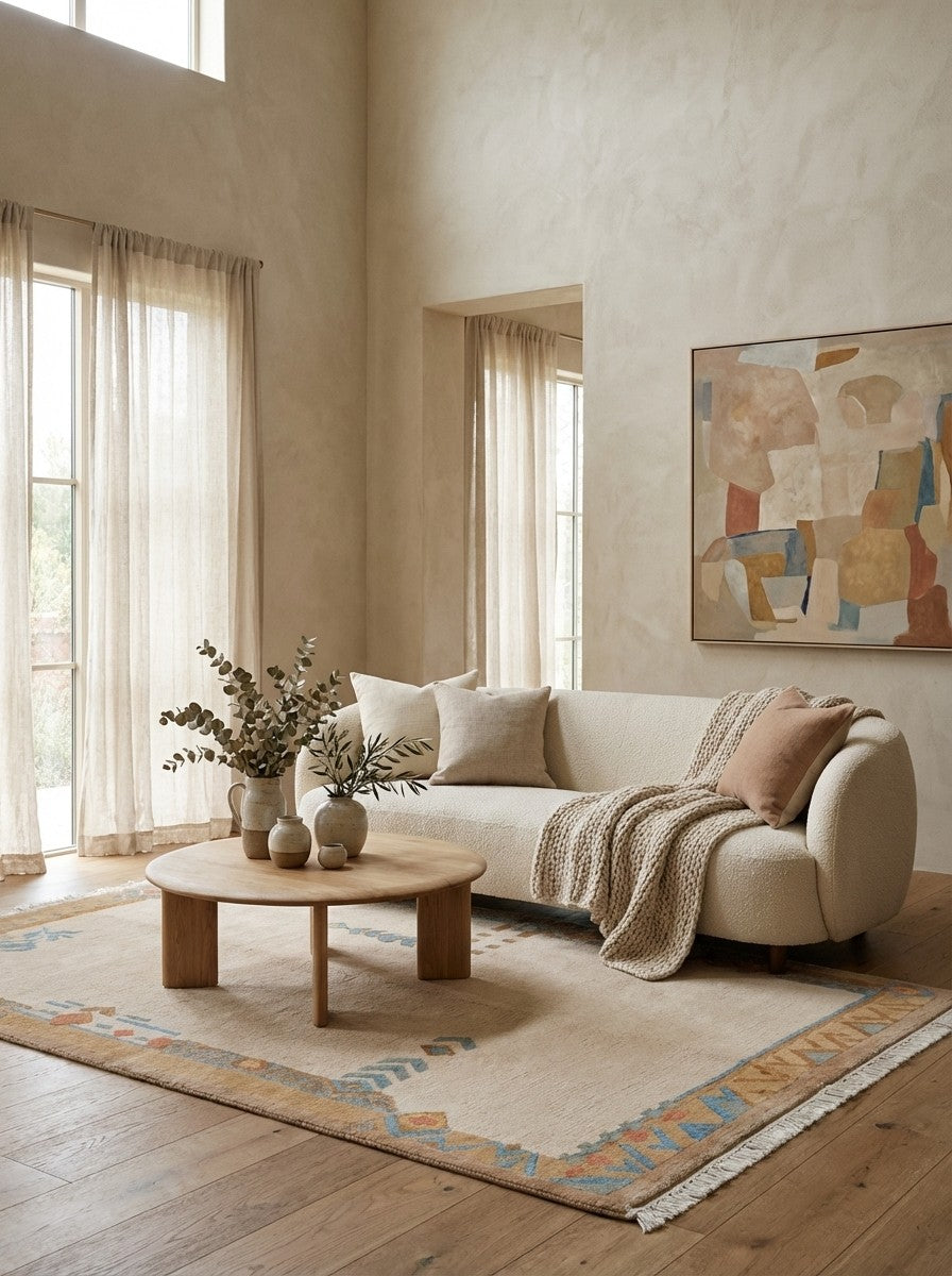 Nepal Sunita — Hand-knotted, 122x188 cm, Beige, 100% Virgin Wool | Detail view