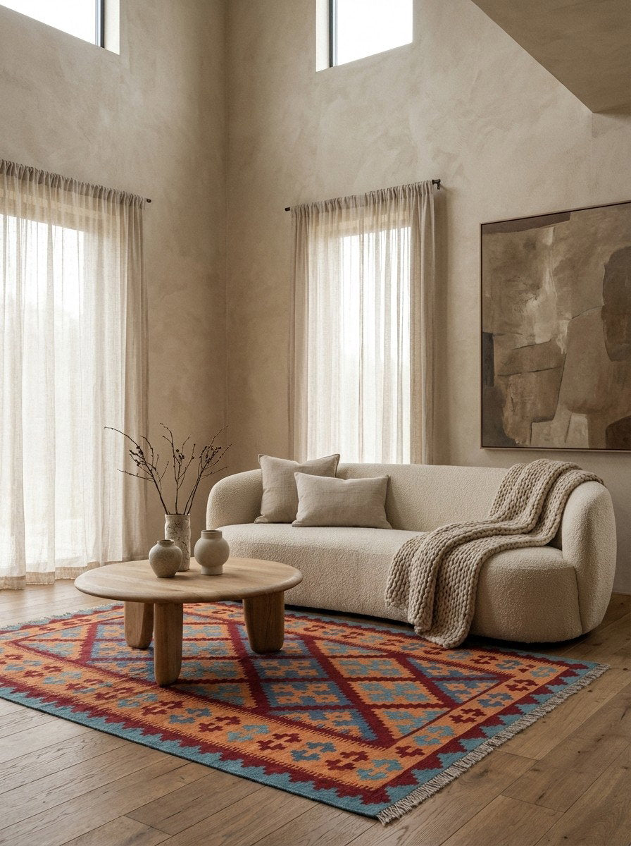 Kelim Gashgai — Handgefertigt, 178x124 cm, Orange, 100% Virgin Wool | Detail view