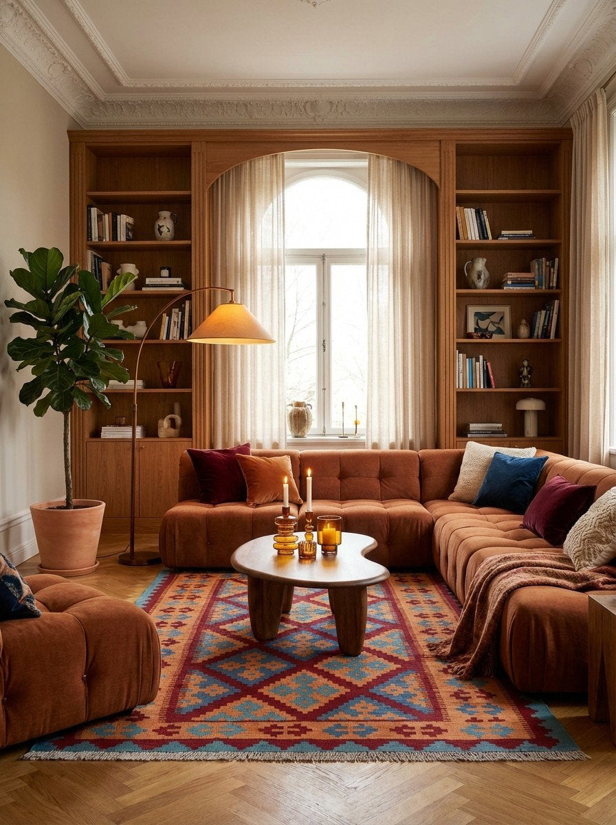 Kelim Gashgai — Handgefertigt, 178x124 cm, Orange, 100% Virgin Wool | Back view