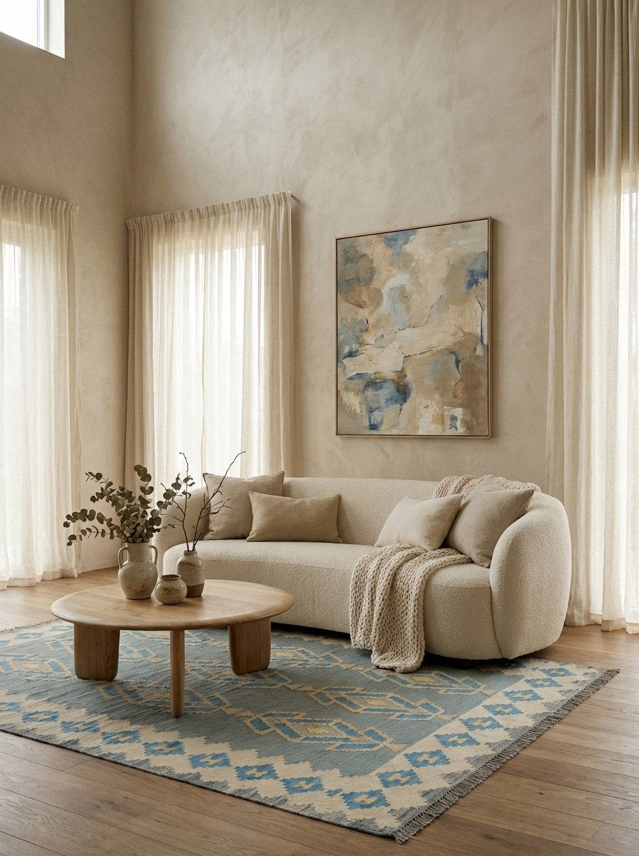 Kelim Gashgai — Handgefertigt, 241x176 cm, Beige, 100% Virgin Wool | Detail view