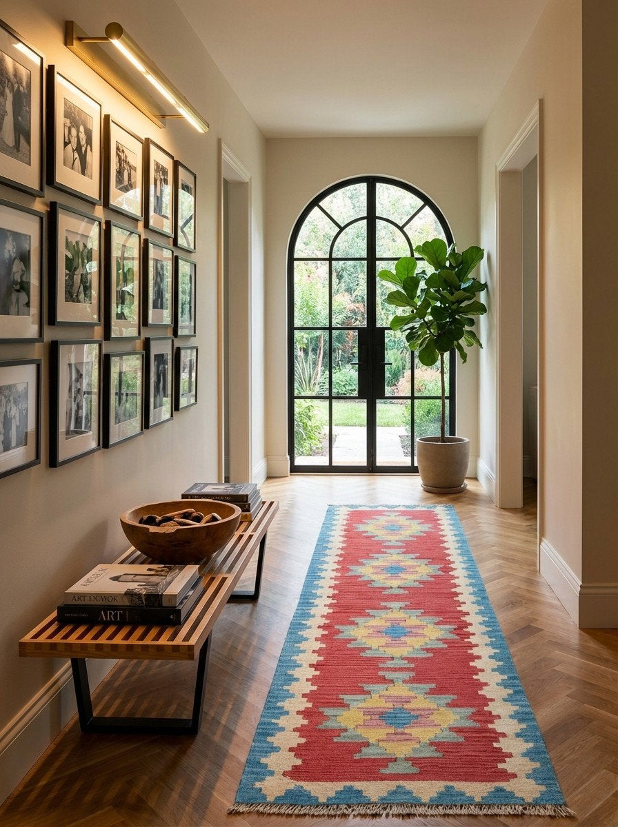 Kelim Gashgai — Handgefertigt, 194x57 cm, Beige, 100% Virgin Wool | Detail view