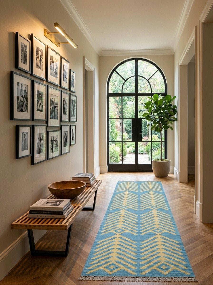 Kelim Gashgai — Handgefertigt, 206x63 cm, Blau, 100% Virgin Wool | Detail view