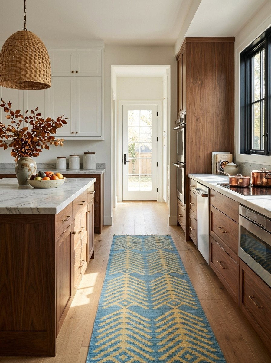 Kelim Gashgai — Handgefertigt, 206x63 cm, Blau, 100% Virgin Wool | Back view