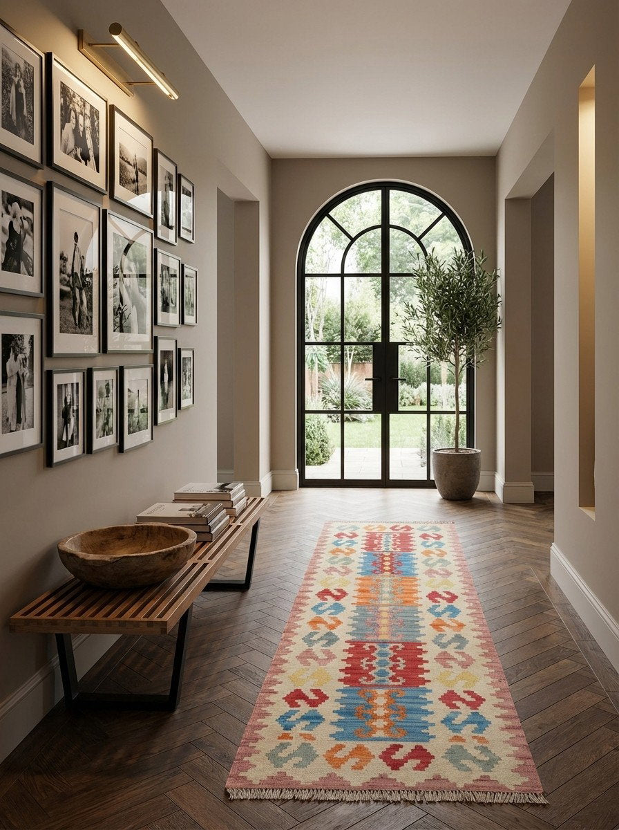 Kelim Gashgai — Handgefertigt, 194x57 cm, Beige, 100% Virgin Wool | Detail view