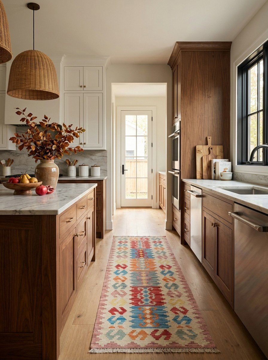 Kelim Gashgai — Handgefertigt, 194x57 cm, Beige, 100% Virgin Wool | Back view