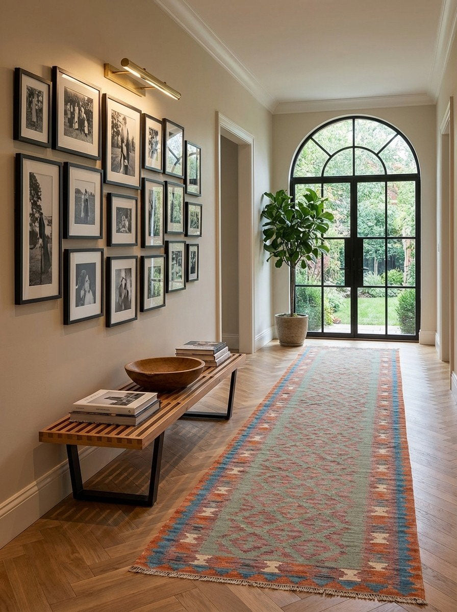 Kelim Gashgai — Handgefertigt, 415x85 cm, Rosa, 100% Virgin Wool | Detail view