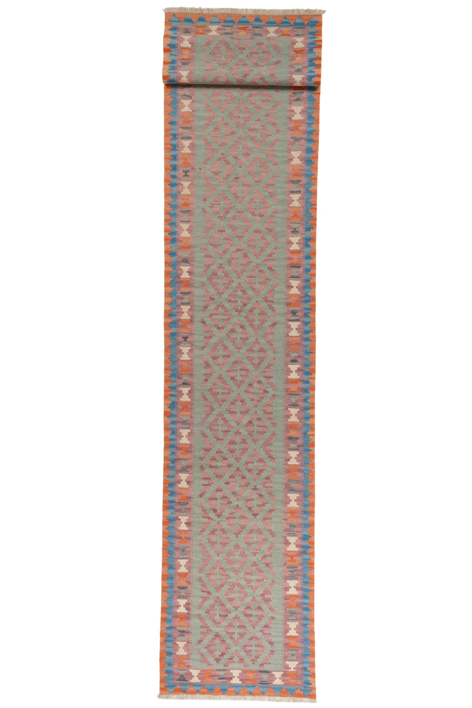 Kelim Gashgai — Handgefertigt, 415x85 cm, Rosa, 100% Virgin Wool | Main view