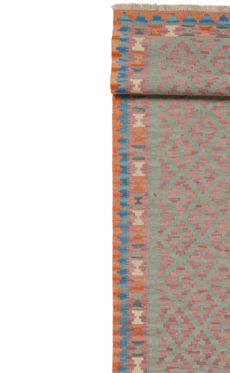 Kelim Gashgai — Handgefertigt, 415x85 cm, Rosa, 100% Virgin Wool | View 4