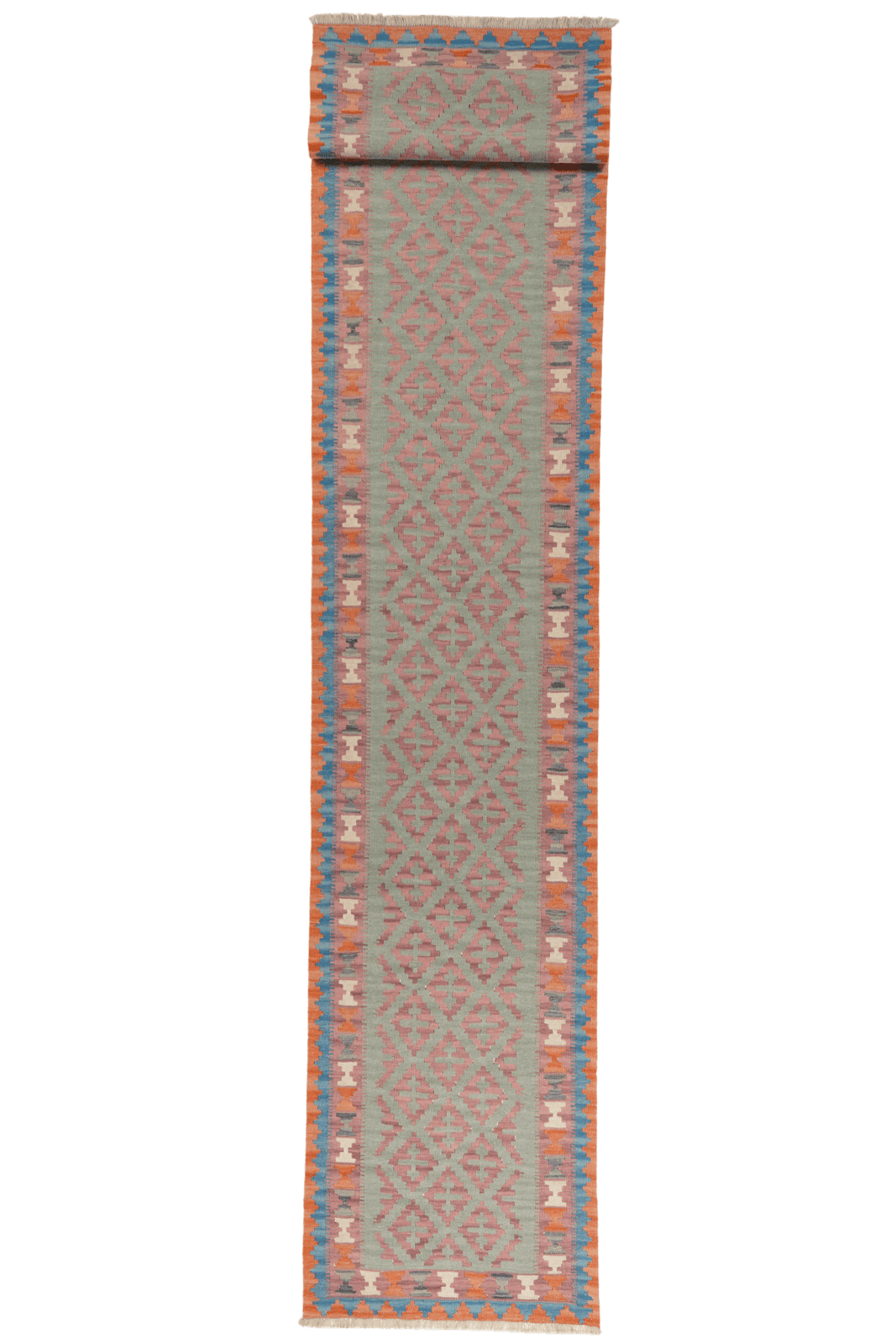 Kelim Gashgai — Handmade, 85x415 cm, Green, 100% Virgin Wool | Main view