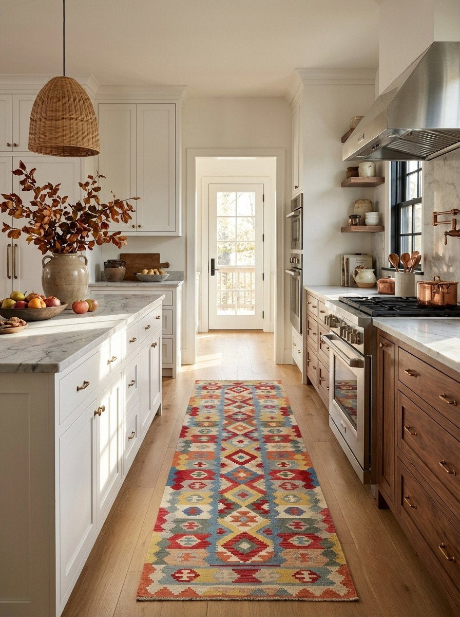 Kelim Gashgai — Handgefertigt, 398x106 cm, Bunt, 100% Virgin Wool | Back view