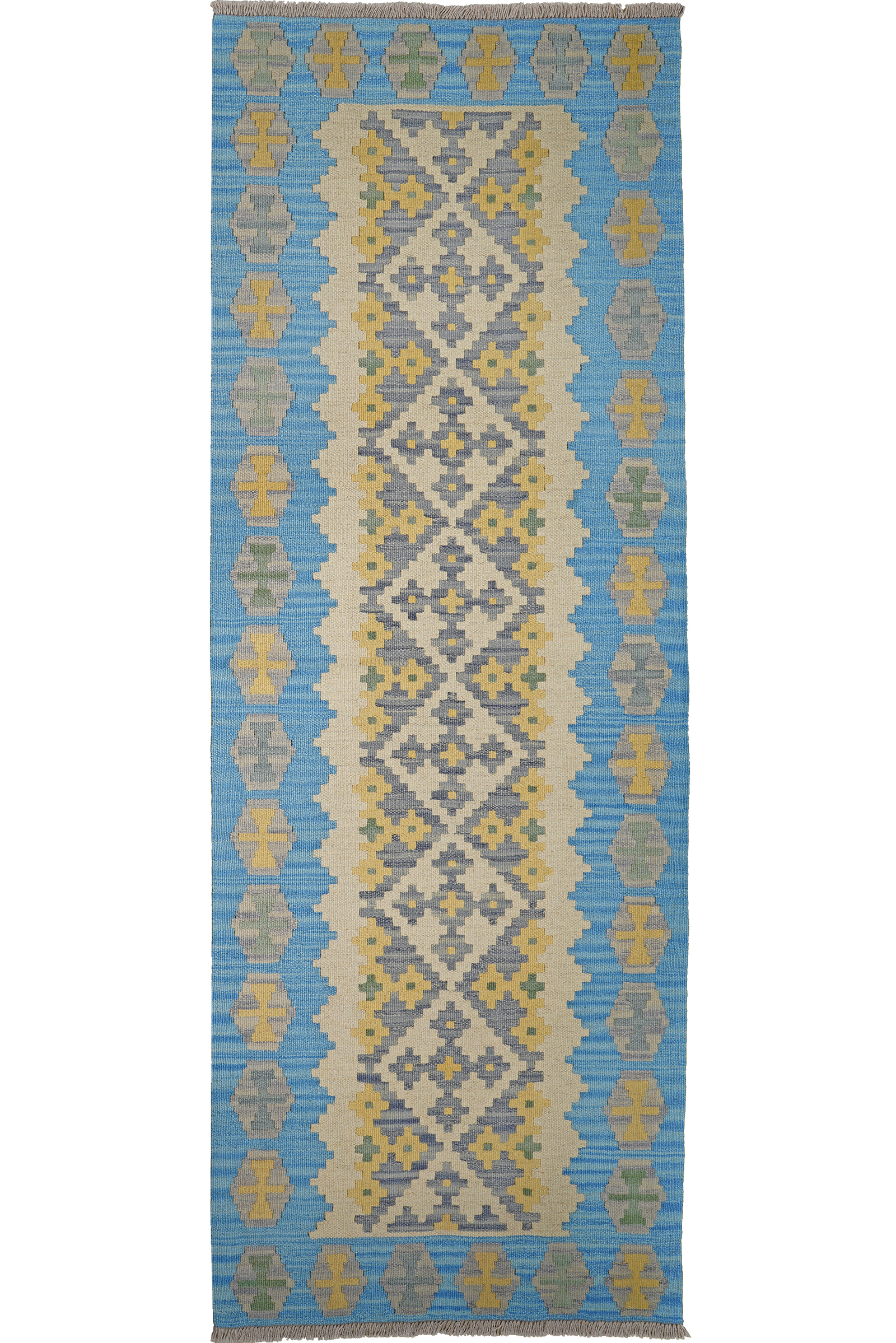 Kelim Gashgai — Handgefertigt, 249x88 cm, Blau, 100% Virgin Wool | Main view