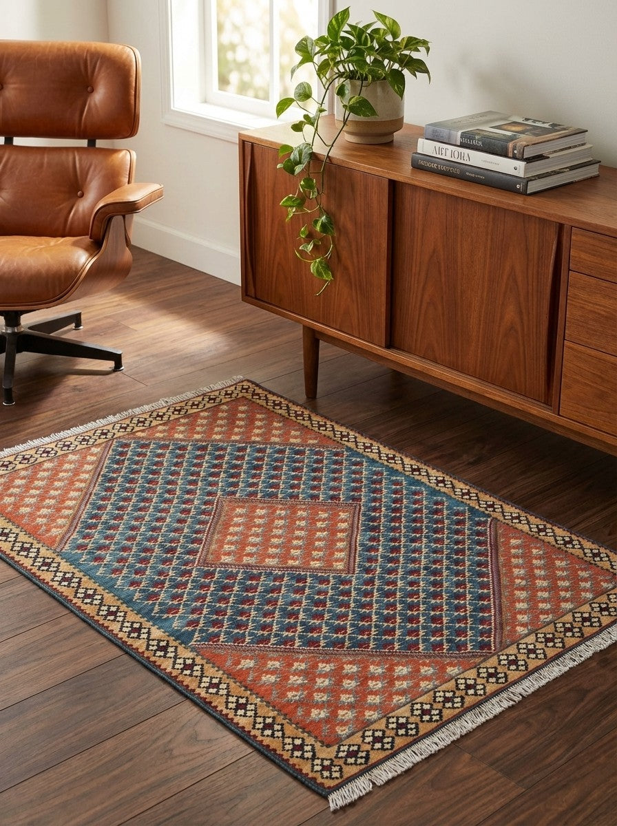 Kelim Senneh — Handmade, 106x151 cm, Blue, 100% Virgin Wool | Back view