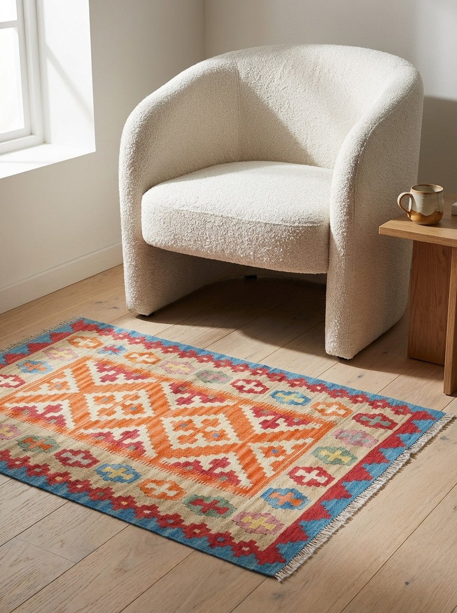 Kelim Gashgai — Handmade, 85x140 cm, Orange, 100% Virgin Wool | Detail view