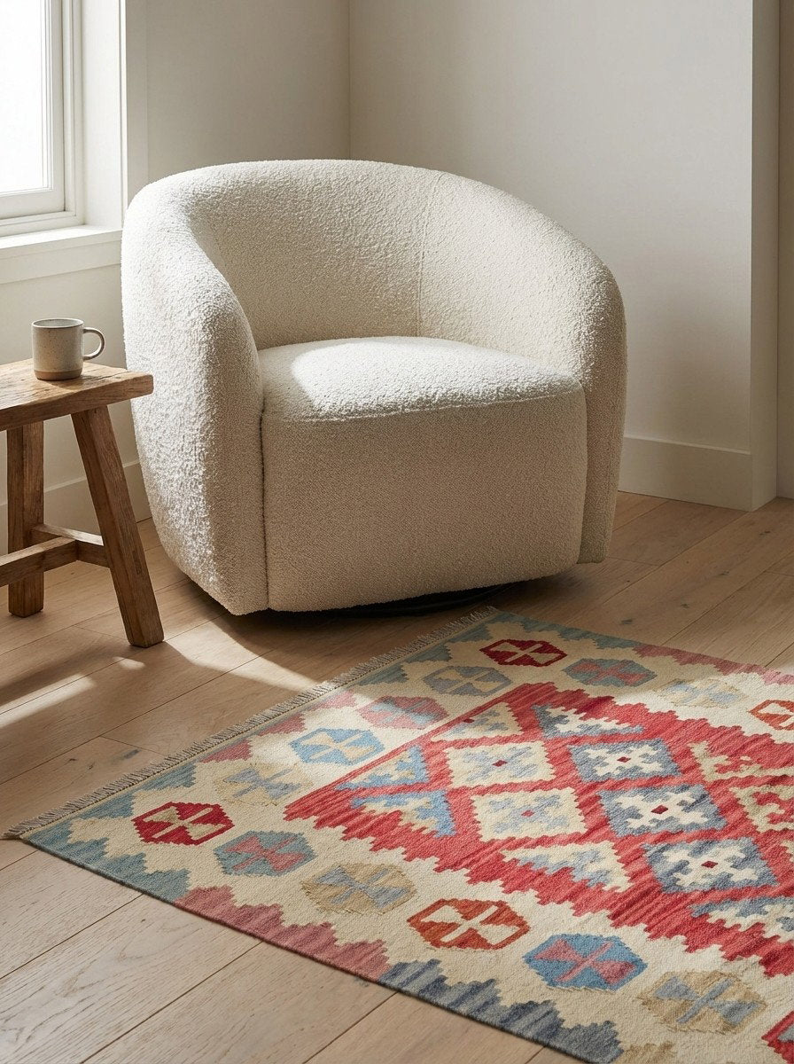 Kelim Gashgai — Handgefertigt, 153x105 cm, Beige, 100% Virgin Wool | Detail view