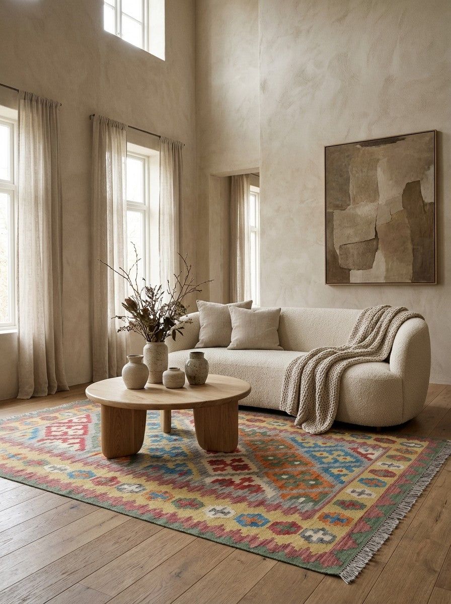 Kelim Gashgai — Handmade, 125x176 cm, Grey, 100% Virgin Wool | Detail view