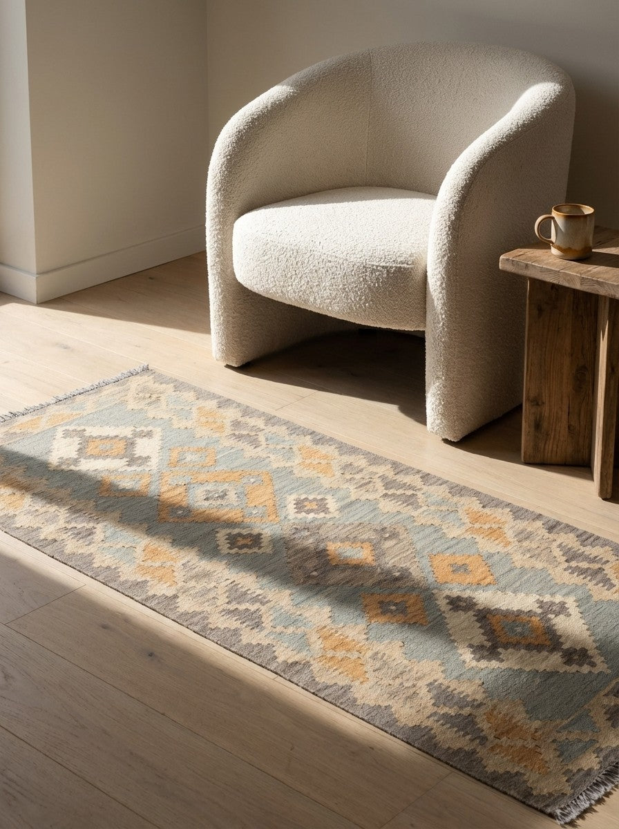 Kelim Gashgai — Handmade, 85x197 cm, Grey, 100% Virgin Wool | Detail view
