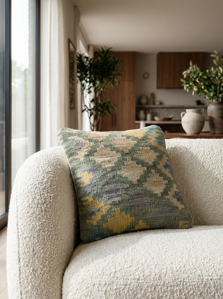 Kelim Kissen — Handgefertigt, 40x40 cm, Bunt, 100% Virgin Wool | Detail view