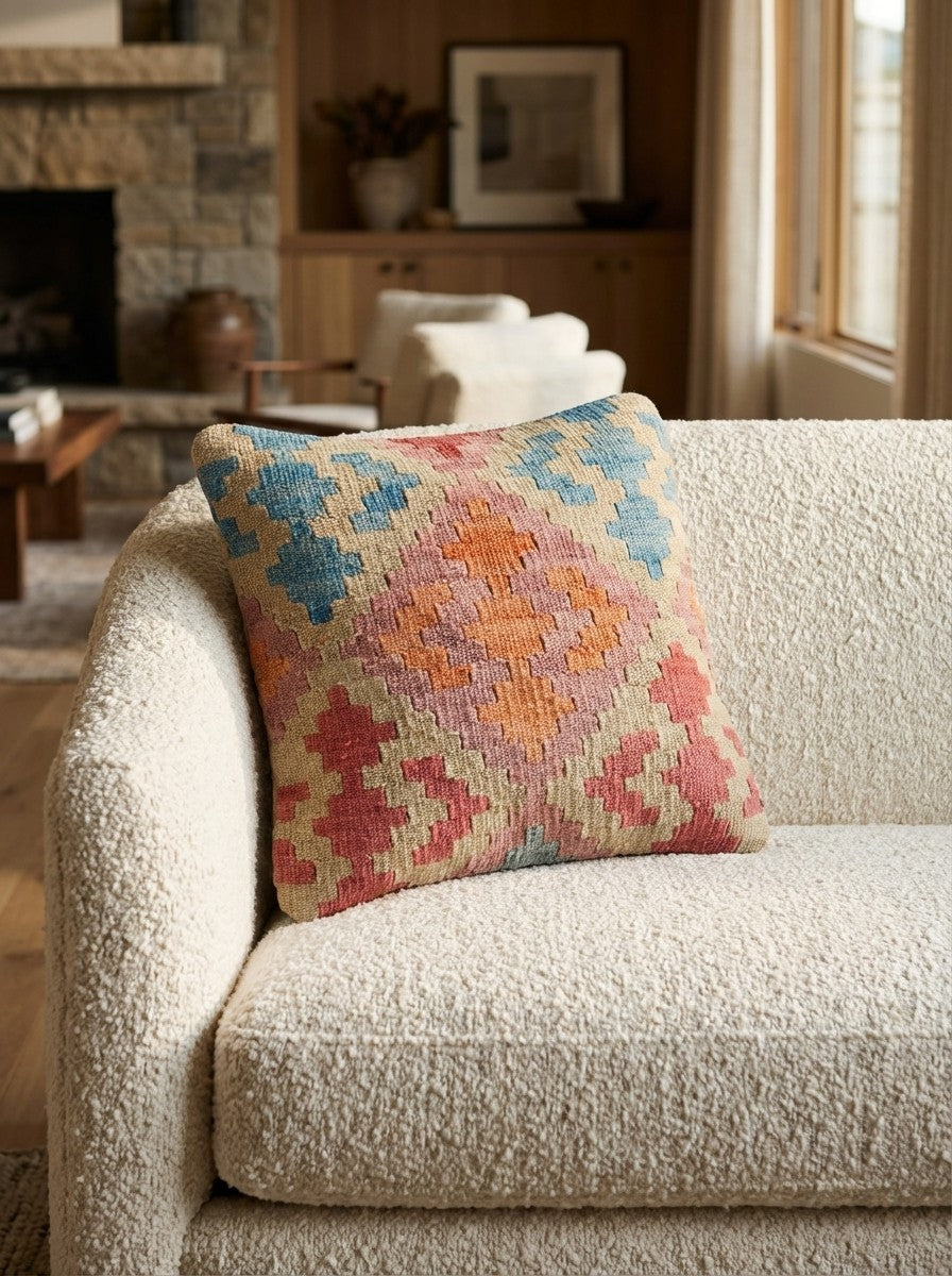 Kelim Kissen — Handmade, 40x40 cm, Multicolor, 100% Virgin Wool | Detail view