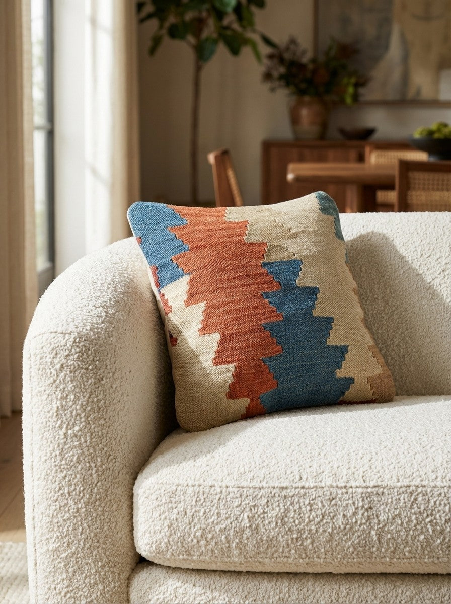 Kelim Kissen — Handmade, 40x40 cm, Multicolor, 100% Virgin Wool | Detail view