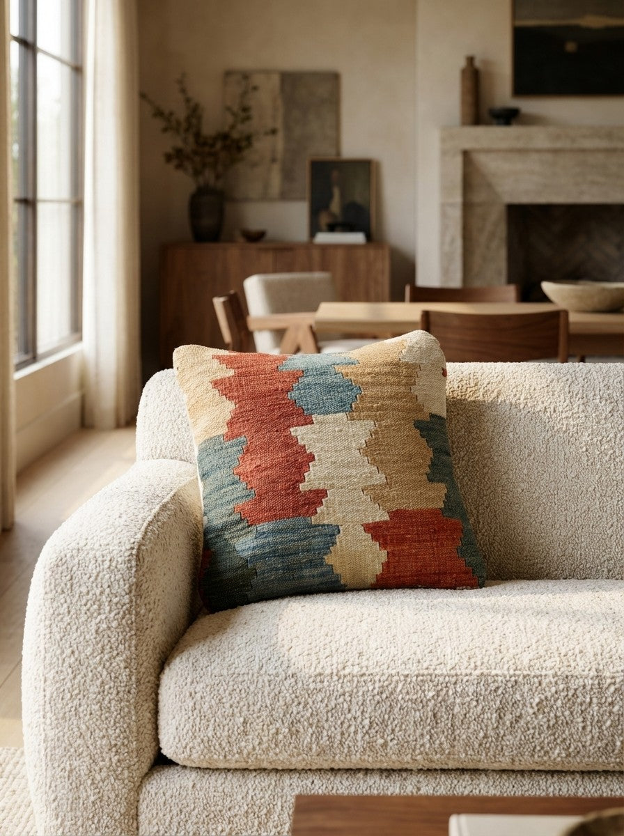 Kelim Kissen — Handmade, 40x40 cm, Multicolor, 100% Virgin Wool | Detail view